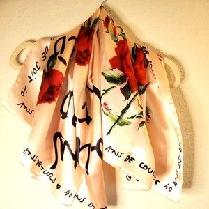 100% Silk Pink Scarf with Red Roses Black Writing Printed Square--36"x36"